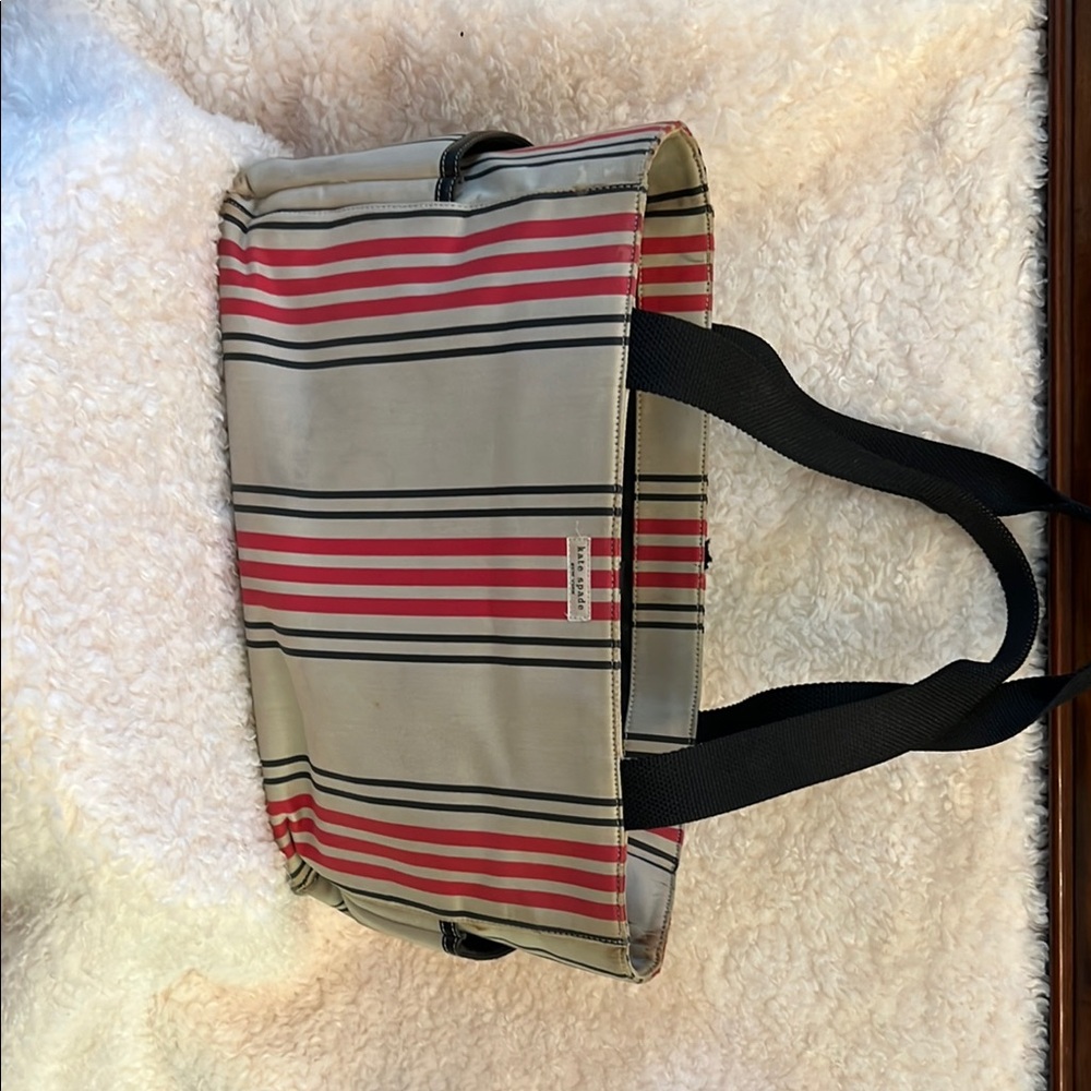 Kate Spade Striped Tote Bag in tan, blue, and red stripe.